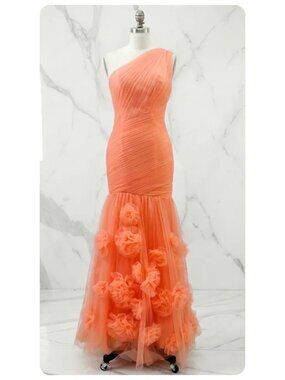 NWT Chyrbaby Coral Pink Sweetheart Tulle Pleat One Shoulder Mermaid Evening Gown